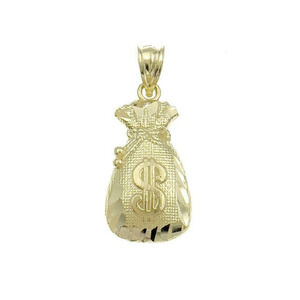 Money Bag Pendant 10k Yellow Gold Dollar Sign Charm 1.4"